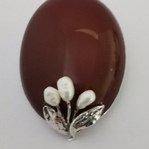 Antique Sterling Silver Signed Carnelian with Pearls Brooch - Picture 12 of 14
